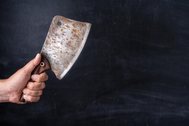 Vecchia mannaia da cucina nella mano dello chef su uno sfondo scuro