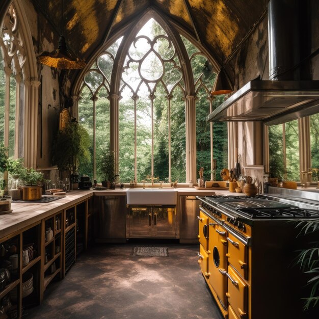 Photo old kitchen with gold appliances