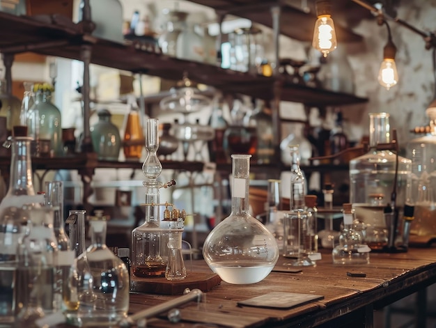 An old laboratory with glass flasks and other equipment