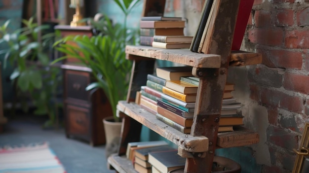 Photo an old ladder has been transformed into a unique and functional bookshelf with each step serving as