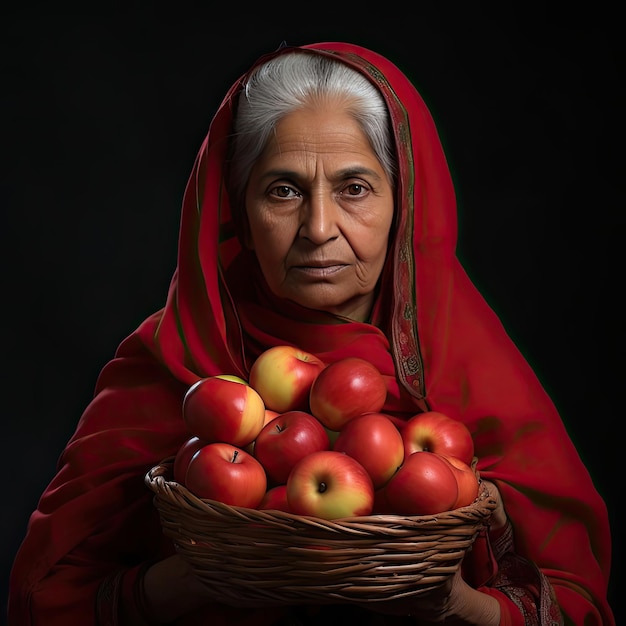 Old lady holding apples with red saraf on her head in a photorealistic style