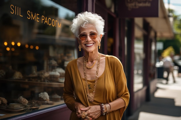 An old lady is standing in front of the coffee shop and smiling