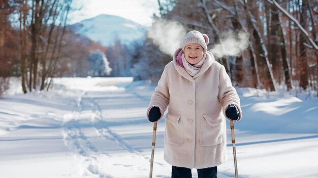 an old lady is walking in the snow with ski poles