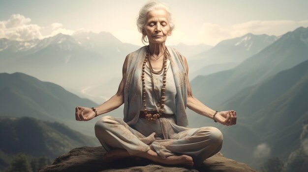 Photo old lady meditating high in the mountains