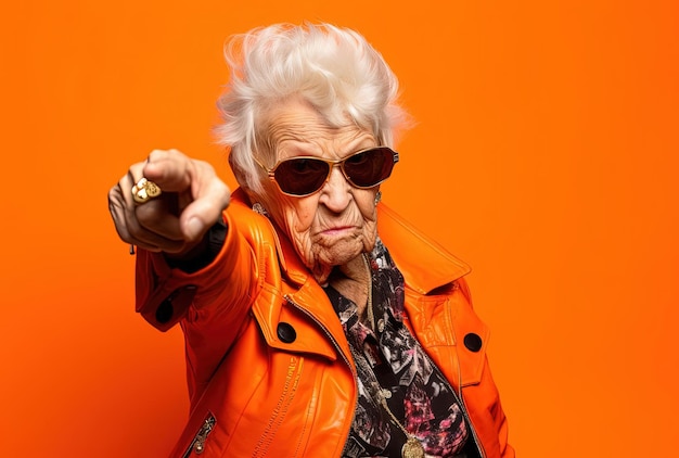 an old lady in sunglasses pointing her fingers over orange background