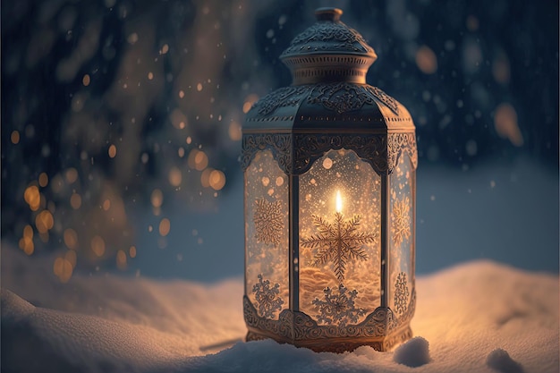 Old lantern in the snow at winter