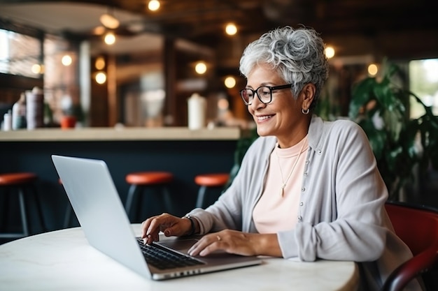 Old Latin woman working on laptop computer in cafe at table