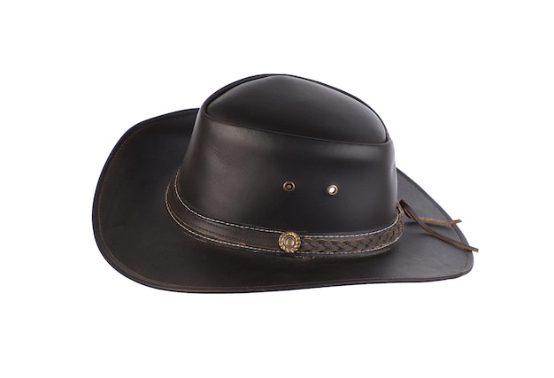 Photo old leather brown cowboy hat isolated on white background