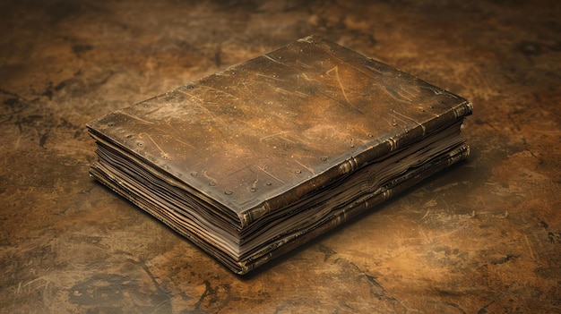 An old leatherbound book with a metal clasp lies on a stone surface The book is open revealing pages of yellowed parchment