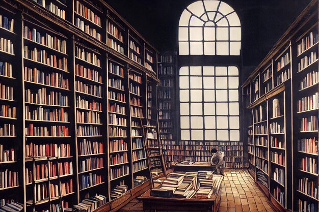 Old library hall with shelves books stacks