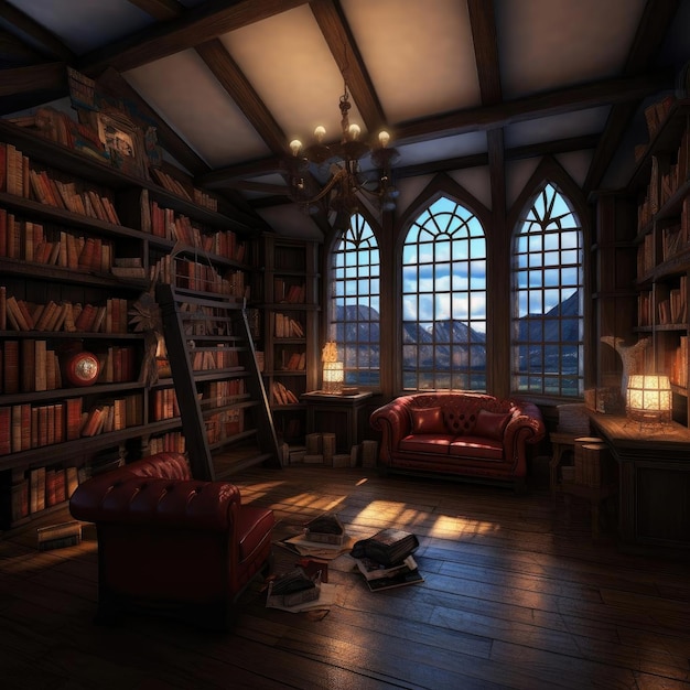 An old library in a medieval style with bookshelves