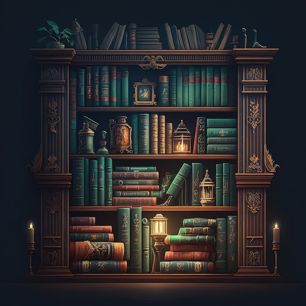 Old Library Vintage Bookshelf Ancient Bookcase Antique Book Shop Abstract Generative Ai Illustration