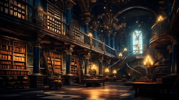 Old library with rows of books dim light