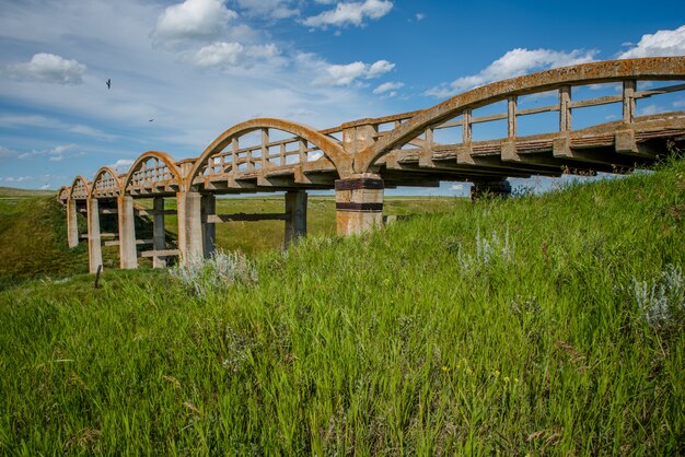 Старый покрытый лишайниками бетонный мост в Scotsguard, SK с зеленой травой на переднем плане