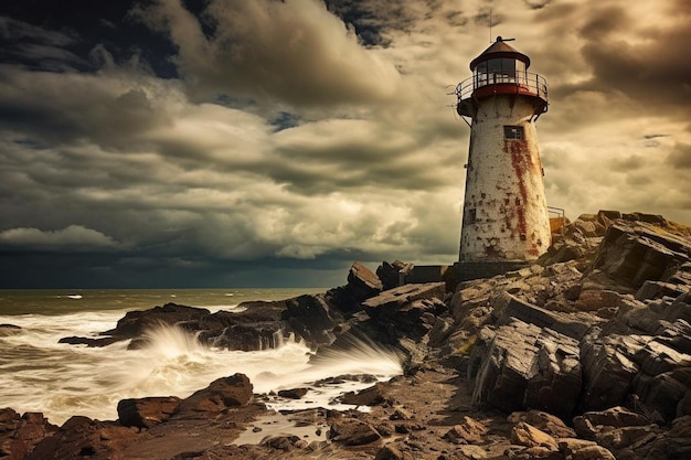 Old lighthouse against a stormy sky