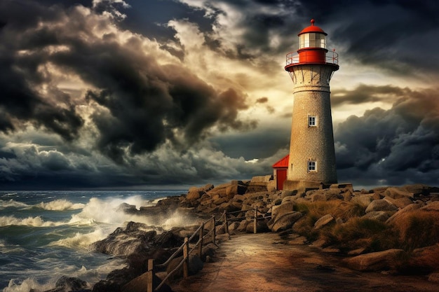 Old lighthouse against a stormy sky