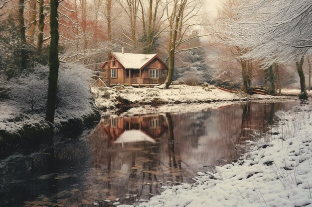 Old log cabin in snowy forest night