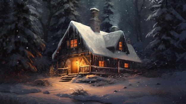 Photo old log cabin in snowy forest night