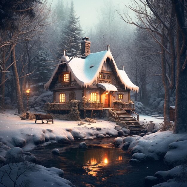 Photo old log cabin in snowy forest night
