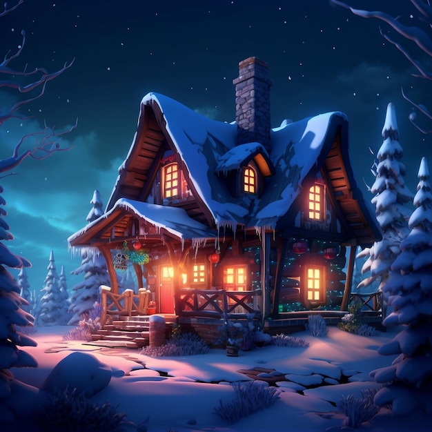 Photo old log cabin in snowy forest night