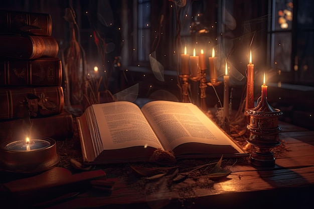 Old magic book in ancient room Fantasy nature or learning concept Generative AI