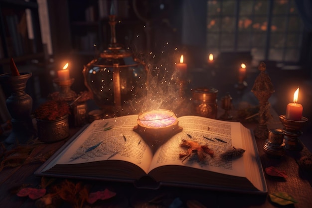 Old magic book in ancient room Fantasy nature or learning concept Generative AI