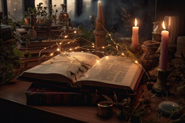 Old magic book in ancient room Fantasy nature or learning concept Generative AI