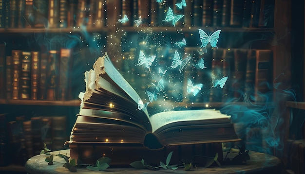 Photo old magic books with glow and flying butterflies in dark library