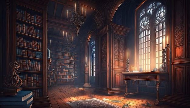 Old and magical library. Generative AI.