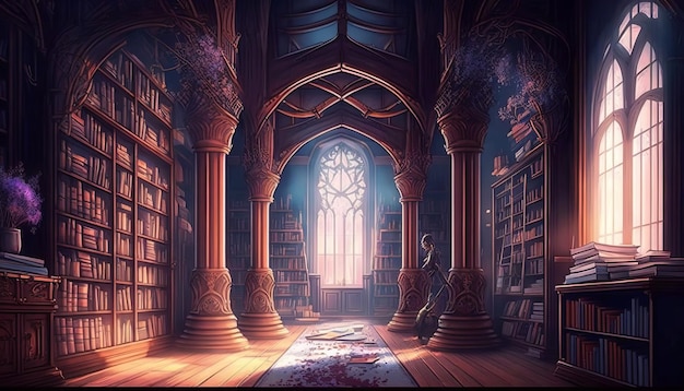 Old and magical library. Generative AI.