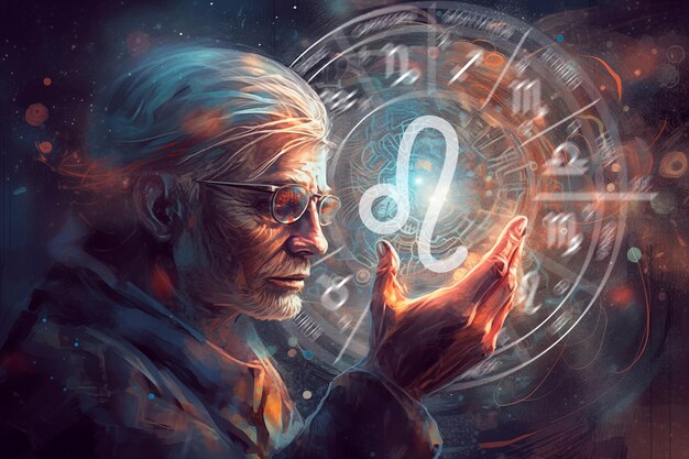 Foto il vecchio mago tiene il segno zodiacale leo sullo sfondo dello spazio esterno
