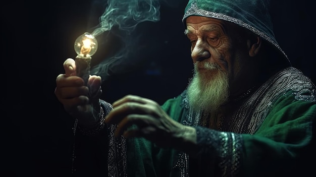 그의 손에 고대 주문을 수행하는 늙은 마술사 또는 마법사