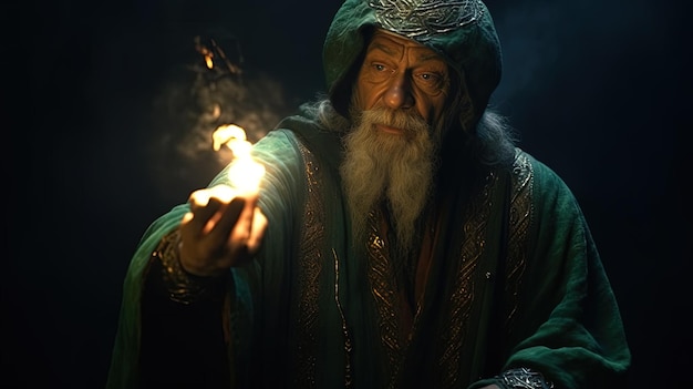 Old magician or sorcerer performing an ancient spell in his hands