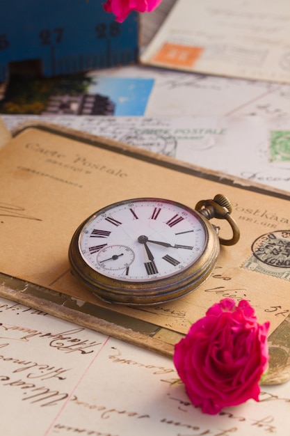 Old mail  and antique clock  with copy space