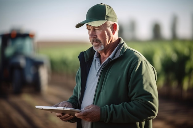 Foto vecchio contadino in berretto che usa il tablet nel campo di grano con l'agricoltura del trattore con le tecnologie moderne