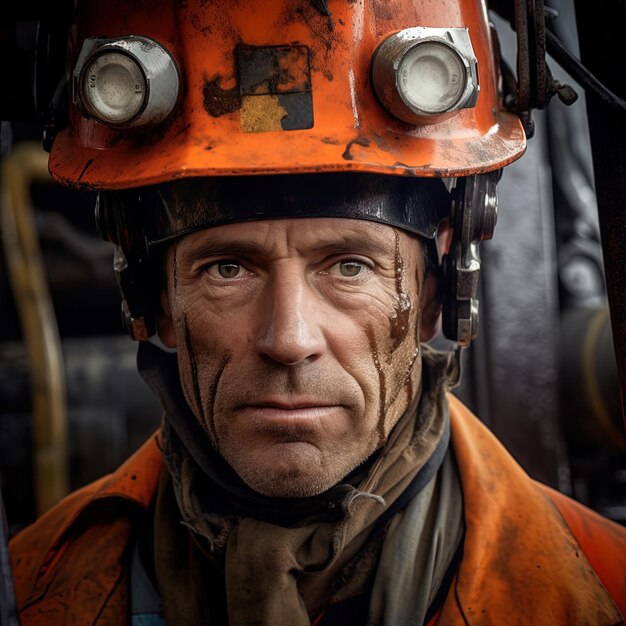 old male labor worker with orange safety suit posing on camera close up scene