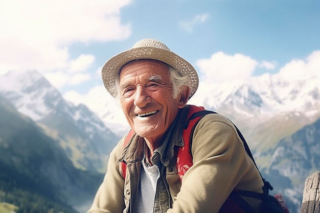 Старик в Альпах в отпуске улыбается счастливо
