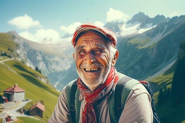 old man in the alps on vacation smiling happy