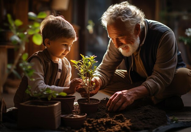 写真 老人と孫が家の中に1本の植物を植えています