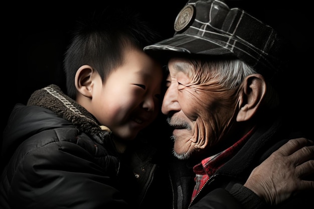 写真 老人と若い少年が微笑んでいる