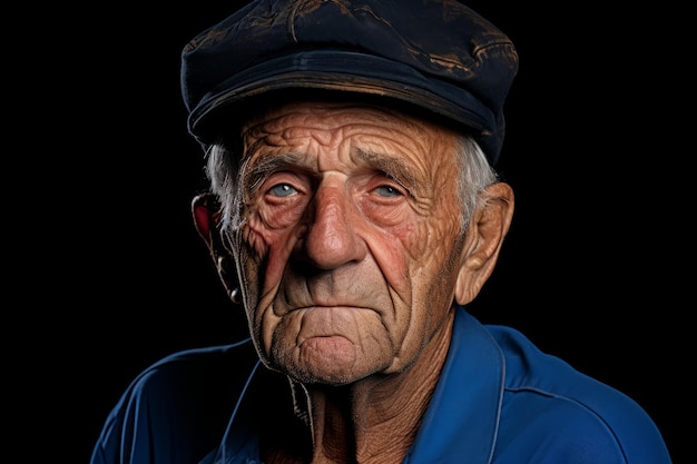 an old man in a blue shirt and hat