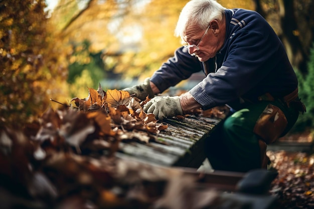 old man cleaning the garden of dry leaves using thick gloves