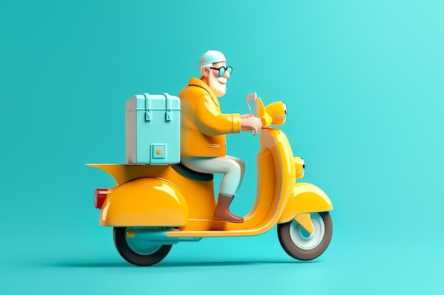 Old man courier sitting on moped and carrying gift boxes isolated on blue background generative AI