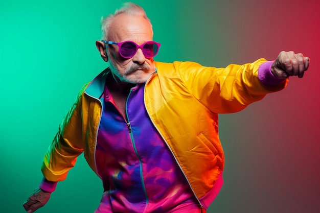 Старик танцует в красочном спортивном костюме и солнцезащитных очках на фоне студии