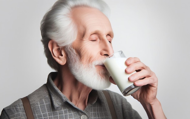 Old man drinking milk from a glass Healthy elderly concept white background