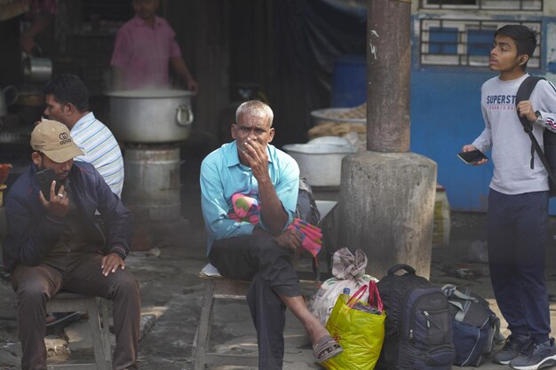 a old man drinking tea