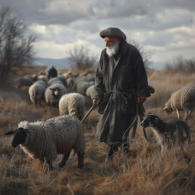 Старик выводит стадо овец на пастбище.