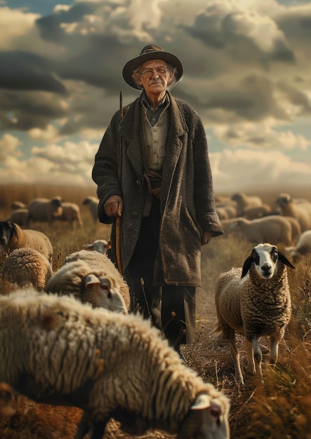 Photo an old man drives a flock of sheep out to pasture