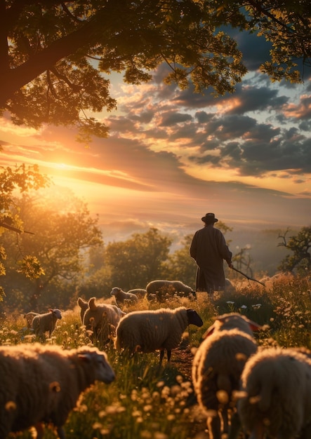 An old man drives a flock of sheep out to pasture