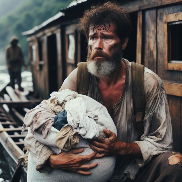 Old man evacuate on a wooden boat